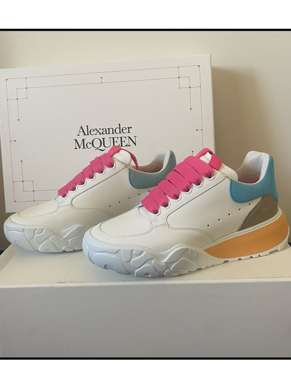 Alexander McQueen White Sneakers with Pink Laces & Teal Heel